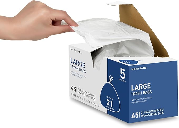 Ninestars Extra Strong White Trash Bags with Drawstring Multiple Sizes 90 Count Kitchen Drawstring trash bags 90 Trash Bags (21 gallon 90 ct)