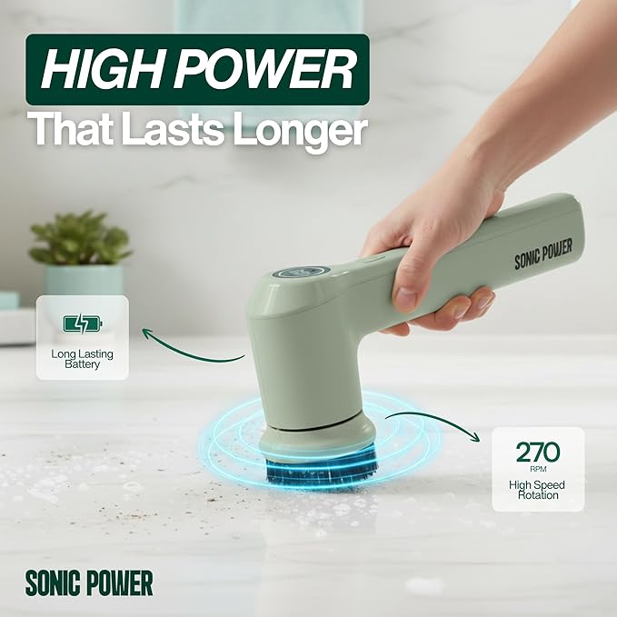 Electric Spin Scrubber – Handheld &amp Ergonomic IPX7 Waterproof 4 Multi-Purpose Brush Heads Long-Lasting Rechargeable Battery – Cleans Dishes Bathroom Tile Grout &amp Kitchen (Sage)