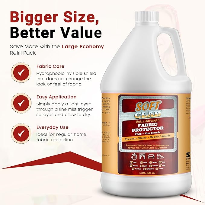 Extra Strength Fabric Protector Spray Prevents Stains and Repels Liquids. SoftClad Guards Furniture Shoes Carpet Upholstery Suede Leather Couch. Safe for Indoor Use. PFAS Free Formula. 1 Gallon