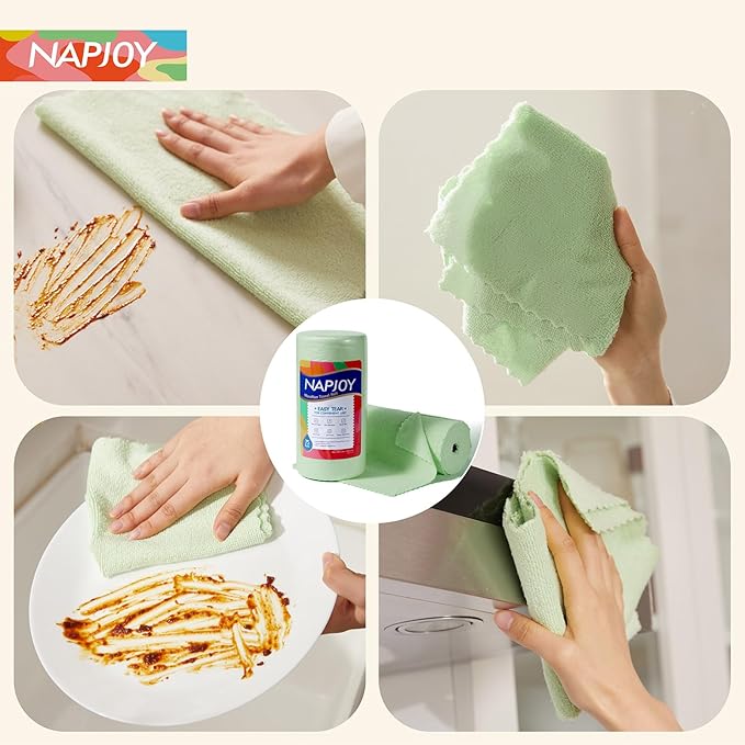 Napjoy Microfiber Cleaning Cloth Roll 75PK Easy Tear Away Reusable Paper Towels 12 x 12 Lint-Free and Scratch-Free with Patented Fiber Technology Microfiber Towel Roll Green