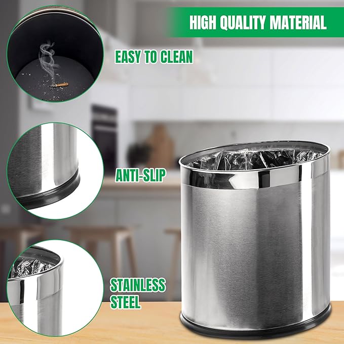'Invisi-Overlap' Open Top Stainless Steel Trash Can Small Office Wastebasket Modern Home Décor Oval Shape