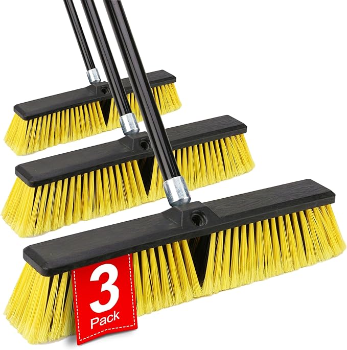 18 Inches Push Broom Outdoor- Heavy Duty Broom with 63 Long Handle for Deck Driveway Garage Yard Patio Concrete Floor Cleaning