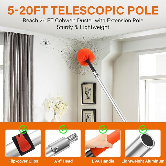Feather DustersCobweb Duster with 5-20FT Extension Pole | Spider Web for Outdoor &amp Indoor Web Cleaning | Soft Bristle | Lightweight Extendable Handle | 3/4 Standard Acme Threaded Fits Cleaner To