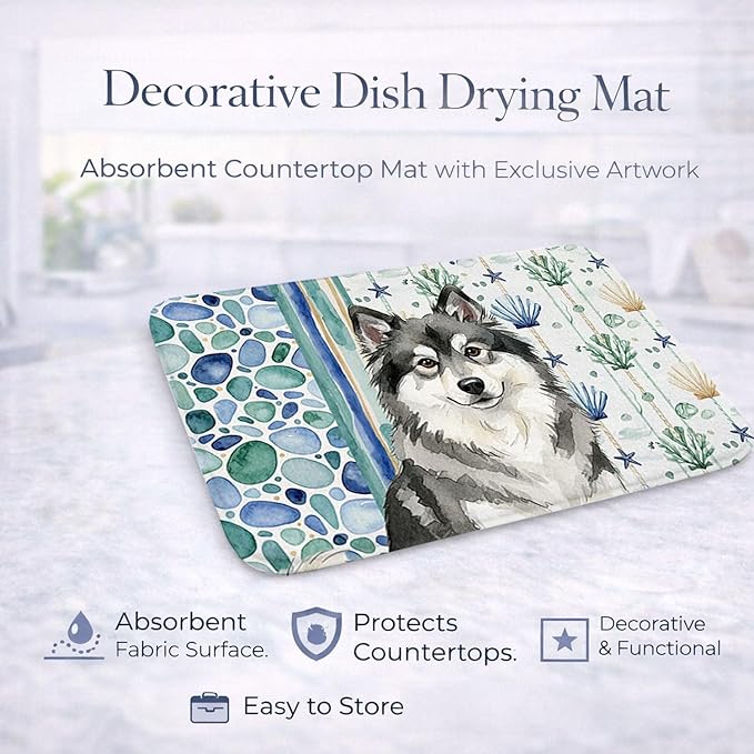 Caroline's Treasures Keeshond Coastal Sea Glass Dish Drying Mat Absorbent Dish Drying Mat Pad for Kitchen Counter Dish Drainer Mat for Countertop 14 x 21 Multicolor