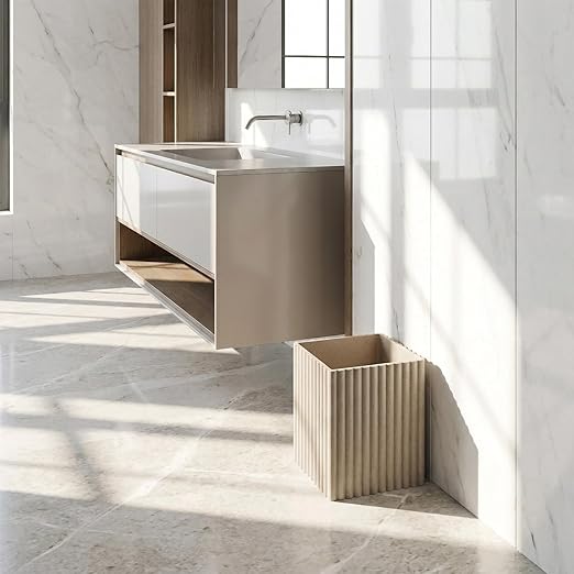 Beige Luxury Stone Bathroom Trash Can Modern Bathroom Office Trash Can Resin Wastebasket Garbage Receptacle Bin for Bathrooms Offices Powder Rooms Kitchens (Square Beige)