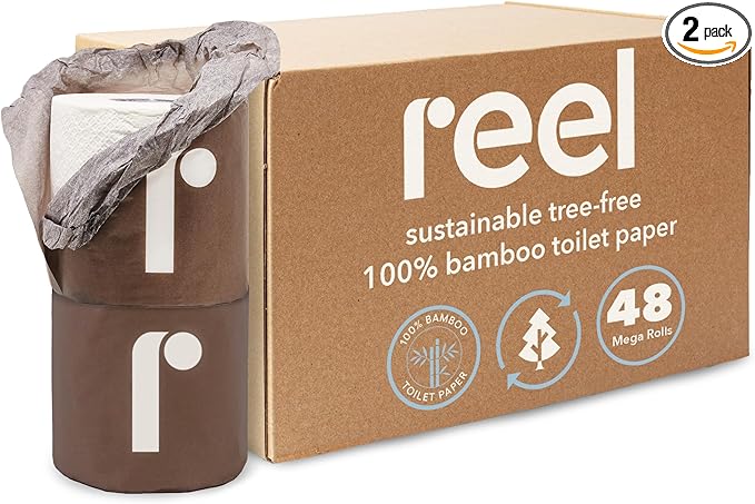 Reel Premium Bulk Bamboo Toilet Paper - 48 Rolls of Toilet Paper - 3-Ply Made From Tree-Free - Zero Plastic Packaging Septic Safe