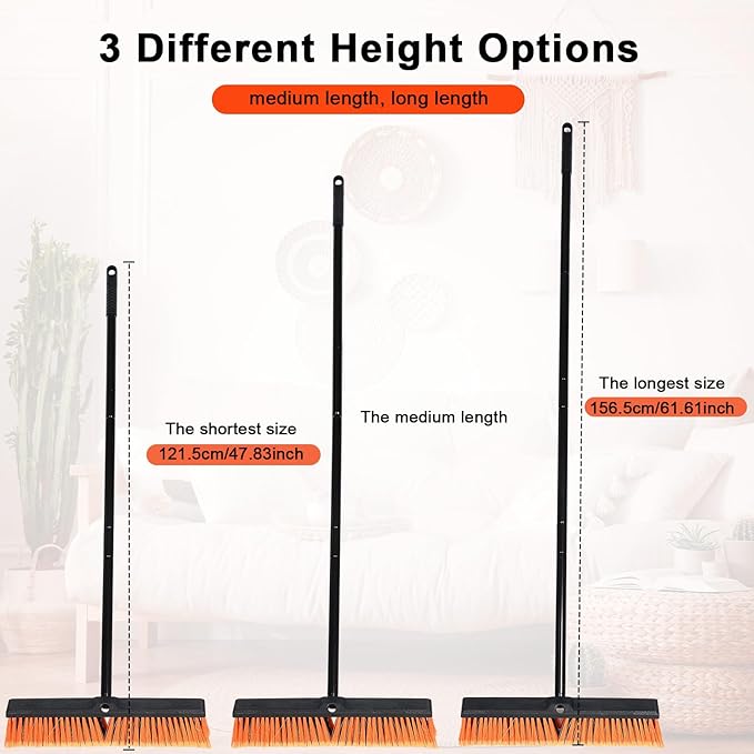 Zhehao 6 Pack 18 Inches Push Broom Outdoor Multi Surface Garden Brush Broom with Adjustable 63 Long Handle for Deck Driveway Patio Warehouse Garage Yard Concrete Floor Cleaning (Orange)