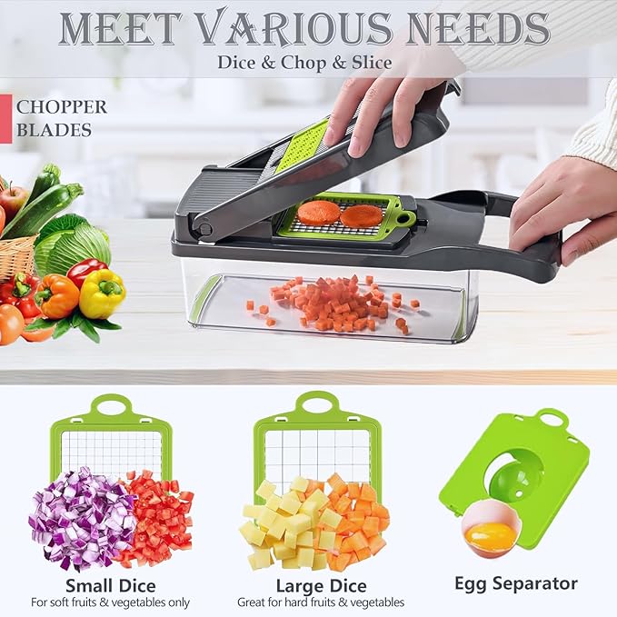 Vegetable Chopper Dicer with Container | Cheese Grater Mandoline Slicer Cabbage Shredder French Fry Cutter Stainless Steel for Veggie Onion Potato Fruit Food Manual Hand Cooking Gadget for Kitchen