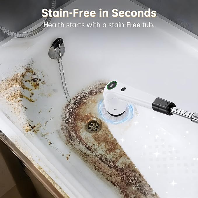 Electric Spin Scrubber Cordless Shower Scrubber with 8 Scrub Brush 2 Speed with Adjustable Extension Handle Battery Level Display Power Scrubber for Bathroom Bathtub Tile Floor (Black)