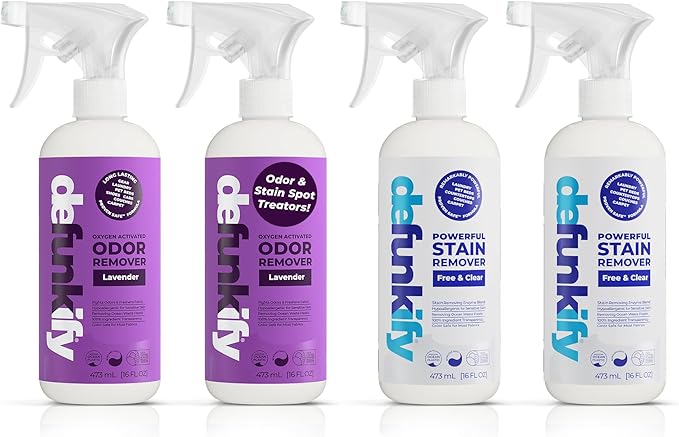 Get Stinky Bundle- 2Pk 'Lavender' Essential Oil Odor Eliminator Deodorizer &amp 2Pk Laundry Stain Remover Spot Treater Prewash Detergent Cleaning Spray for Fabric Sensitive Gear Activewear