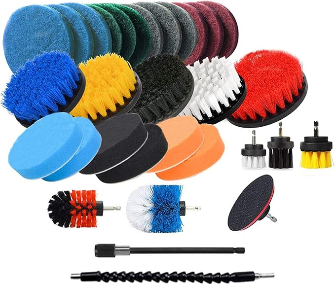 31PCS Electric Drill Brush Set Includ ClothScrub Pads Sponge Power Scrubber Brush with Rotate Extend Long AttachmentAll Purpose for Grout Tiles Sinks Bathtub Bathroom Kitchen