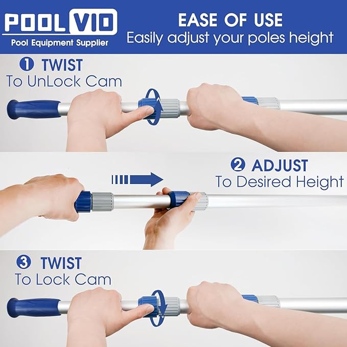 Poolvio 15 FT Telescopic Pool Pole - Adjustable 3 Piece Aluminum Pool Skimmer Pole for Pool Cleaning Skimmer Nets Vacuum Heads &amp Brushes Strong Grip &amp Lock