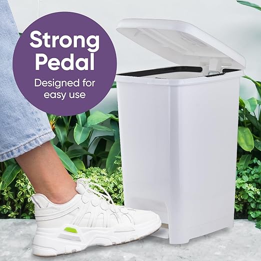 Superio Slim Trash Can with Foot Pedal – 6.5 Gallon Step-On Trash Can Plastic Garbage Can with Lid Trash Can for Bathroom Bedroom RV Kitchen Office Patio or Dorm – White Smoke