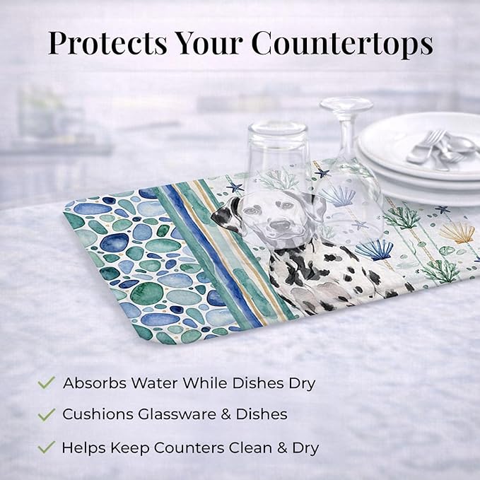 Caroline's Treasures Dalmatian Coastal Sea Glass Dish Drying Mat Absorbent Dish Drying Mat Pad for Kitchen Counter Dish Drainer Mat for Countertop 14 x 21 Multicolor