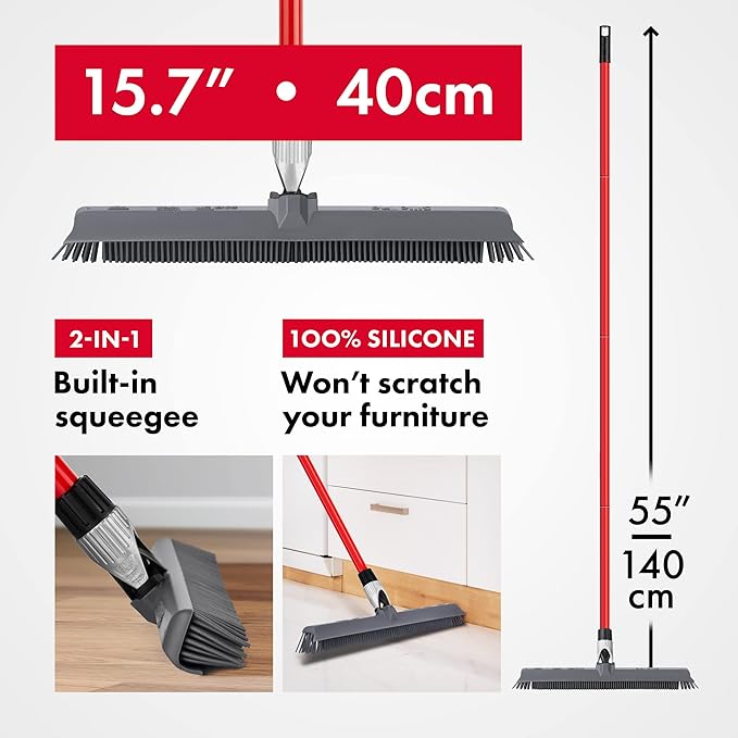 2-in-1 Silicone Rubber Broom Carpet Rake and Squeegee - Swivel Pet Hair Removal Broom with 1 Piece Long Handle - Slanted Side Bristles for Corners - Multipurpose Broom for Carpet Hardwood Floor Tile