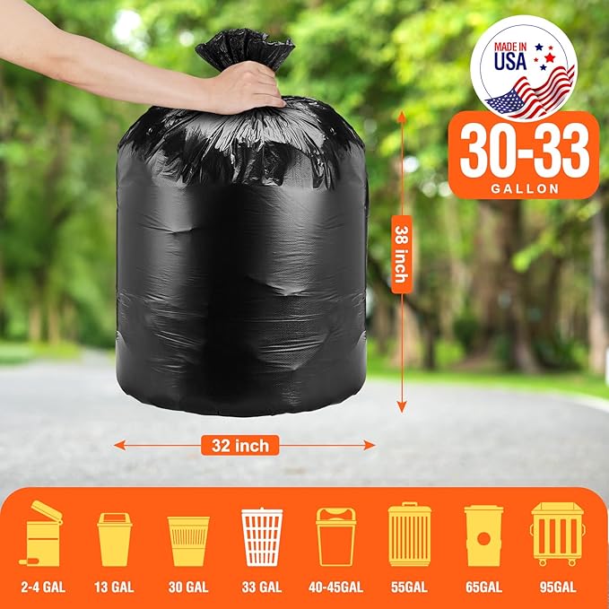 Delxo 30-33 Gallon Trash Bags 2000 Count – 0.6 Mil Medium Duty Garbage Bags Durable Plastic Bolsas para basura Perforated Design– Made in USA for Kitchen Yard Office (Black)