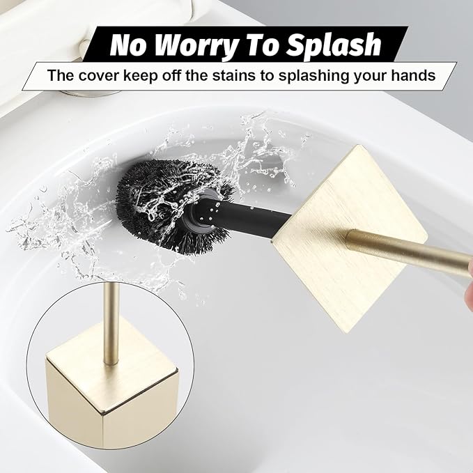 BGL Toilet Brush with Holder Set Brushed Gold Aluminium Standing for Bathroom Toilet Bowl Cleaner Brush and Holder Set Square Design