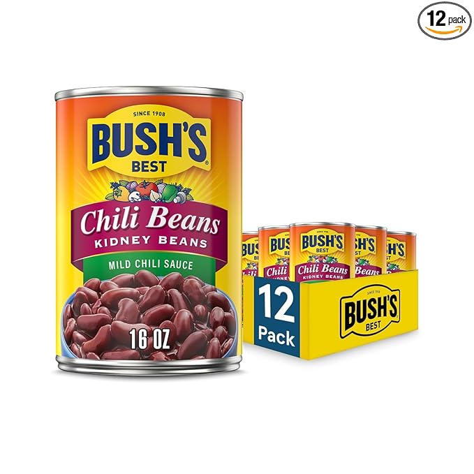 BUSH'S BEST 16 oz Canned Kidney Mild Chili Beans Source of Plant Based Protein and Fiber Low Fat Gluten Free (Pack of 12)