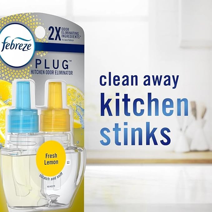 F.e.b.r.e.z.e Plug in Air Freshener Odor-Fighting Scented Oil Starter Kit Air Fresheners for Home and Bathroom and Kitchen Long Lasting for Strong Odors Warmer + 2 Refill (Fresh Lemon)