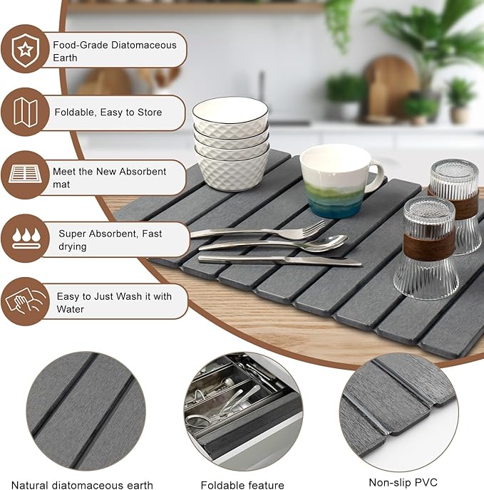 Stone Drying Mat for Kitchen Counter24x16 Large Dish Drying MatStone Bath MatQuick Drying Fast Absorbent Diatomaceous Drying Matt Kitchen Counter for Dishes Bottles Cups Bathroom Any Countertop