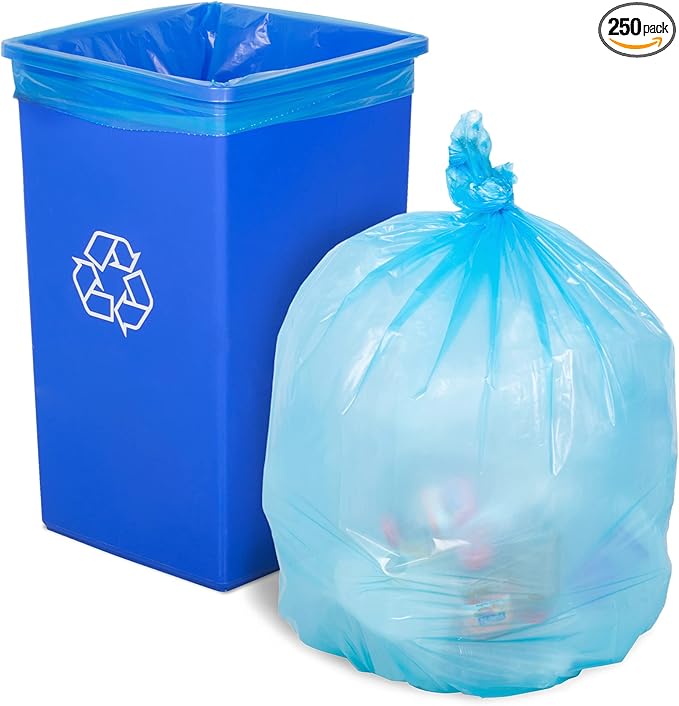 APQ Blue Heavy Duty Trash Bags 30 x 48 Inches. Pack of 250 Polyethylene Office Trash Can Liners 21 Micron Thick. Durable Recyclable 100 Gallon Plastic Garbage Bags for Offices Schools and Kitchen