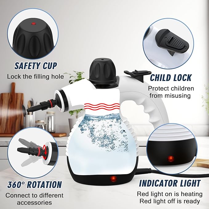 Handheld Steam Cleaner Steamer for Cleaning Multipurpose Portable Steam Cleaners for Home Use with Safety Lock and 10 Accessory Kit to Remove Grime Grease and More Save Time and Effort