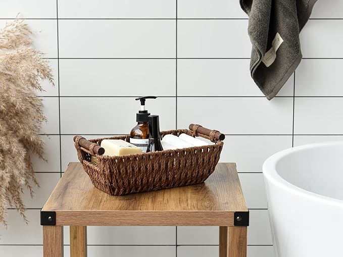 StorageWorks Handwoven Small Wicker Baskets Round Paper Rope Storage Baskets with Wooden Handles Dark Brown 2-Pack