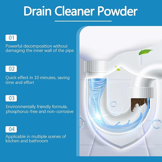Drain Unclogging Cleaning Powder for Home Kitchen and Bathroom - Rapidly Dissolves Grease &amp Hair Eliminates Blockages &amp Odors(1PCS)