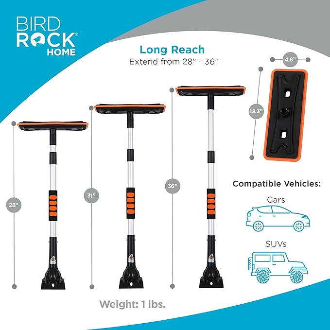 BIRDROCK HOME 36 Extendable Snow Pusher Brush &amp Detachable Ice Scraper for Cars | Aluminum Grip for Car Truck SUV | Safe on Auto Windshield &amp Windows | Wide Frost Remover for Semi &amp Sma