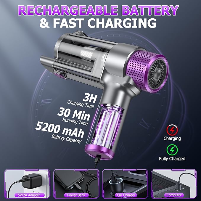 EYYA Handheld Car Vacuum Cleaner Cordless 16000PA Powerful Hand Held Vacuum Cordless Rechargeable 4-in-1 Portable Mini Vacuum &amp Air Duster with Multi-Nozzles and LED Light for Car Home Office