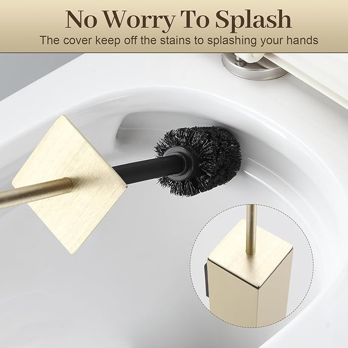 Toilet Brush and Holder Wall Mounted Brushed Gold Aluminum with 2 Replaceable Heads Bathroom Toilet Brush Drill or 3M Adhesive Mount Removable Liner and Splash Guard Modern Square Design