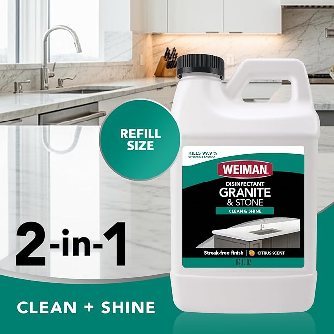 Weiman Disinfecting Granite and Stone Countertop Cleaner and Polish - Safely Cleans &amp Shines Marble Quartz Quartzite Slate Limestone Corian Laminate Tile 64 Oz 2 Pack