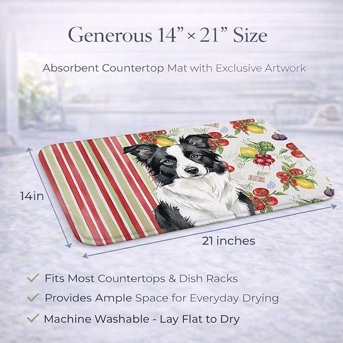 Caroline's Treasures Border Collie Vegetables Dish Drying Mat Absorbent Dish Drying Mat Pad for Kitchen Counter Dish Drainer Mat for Countertop 14 x 21 Multicolor