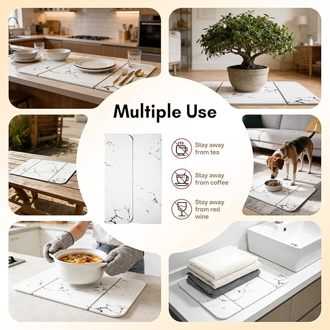 Stone Drying Mat for Kitchen CounterFoldable Quick-Dry Dish Drying MatWater-Absorbent Marble Diatomaceous Earth Mats for Dishes Cups &amp Bottles on Any Countertop(20x16)