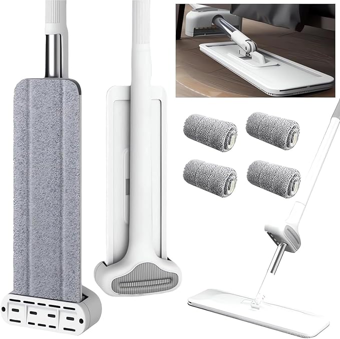 Person's Self-Washing Flat Mop - 360° Rotatable Flat Cleaning Mop Self Wringing for Wet &amp Dry Use Hands-Free Microfiber for Floor/Hardwood Cleaning 12027(with 4 Mop Pads)