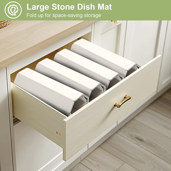 White Stone Drying Mat for Kitchen Counter Foldable 24 x 16 Diatomaceous Earth Dish Drying Mat Quick-Dry and Absorbent Mat for Dishes Bottles Cups Bathroom or Countertops