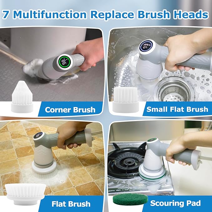 DAESUNG Electric Spin Scrubber Cordless Power Scrubber &amp Electric Cleaning Brush with 7 Replaceable Heads Dual Speed IPX7 Waterproof Handheld Scrubber for Bathroom Shower &amp Tile Cleaning