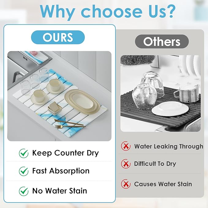 Stone Dish Drying Mat for Kitchen Counter 4-Piece Set with Diatomaceous Earth Dish Drying Mat Stone Faucet Mat and Small Drying Mat Super Absorbent Quick Dry for Dishes Cups Bottles