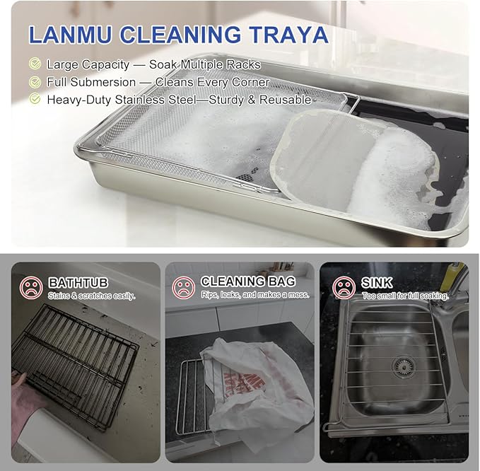 LANMU Stainless Steel Oven Rack Cleaning Tray Large Capacity Soaking Tray for Grill Grates BBQ Rack Reusable &amp Leak-proof Oven Shelf Cleaning Tool