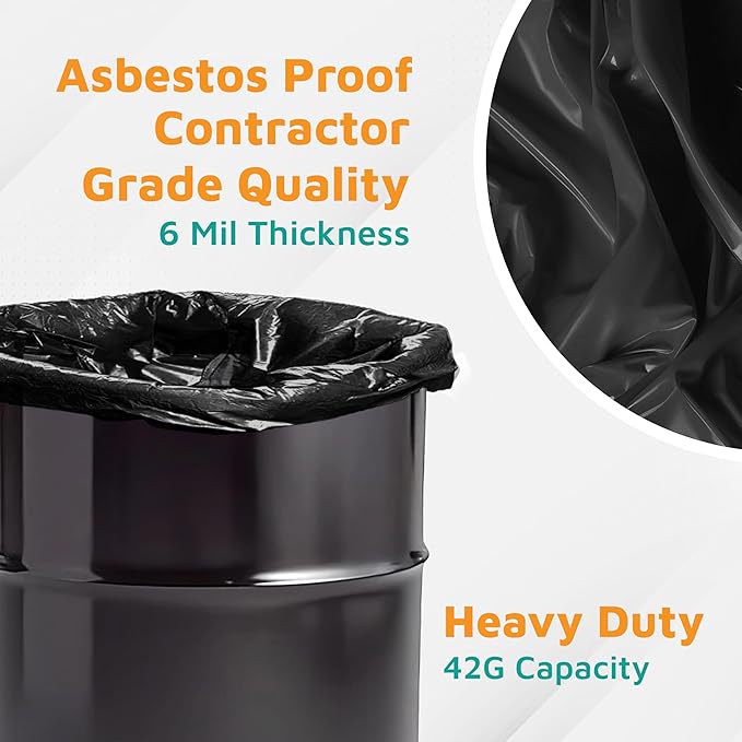 PlasticMill Contractor Bags Heavy Duty - Commercial Industrial Garbage Bags - Black Construction Trash Bags - Outdoor Garden Trash Bags 42-Gallon 6 Mil 33x48 (25-Count)