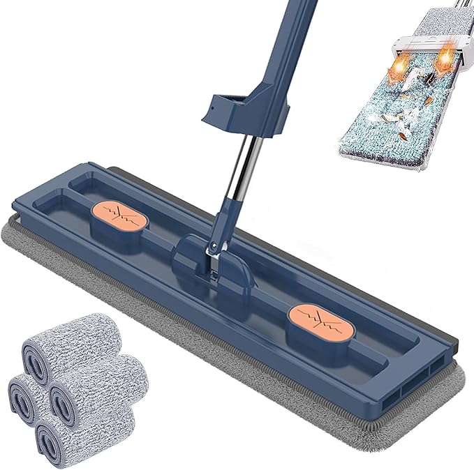 Large Flat Mop 360° Spin Large Flat Mop Stainless Steel Long Handle with 4 Reusable Pads 360° Rotating with Dewatering Scraper 12027(Blue)