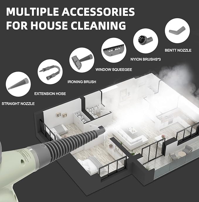 Handheld Steam Cleaner Pressurized Multi-Surface Steam Shot with 13 Accessories Safety Lock Steamer for Cleaning Floor Upholstery Grout Windows Couch and Car Green