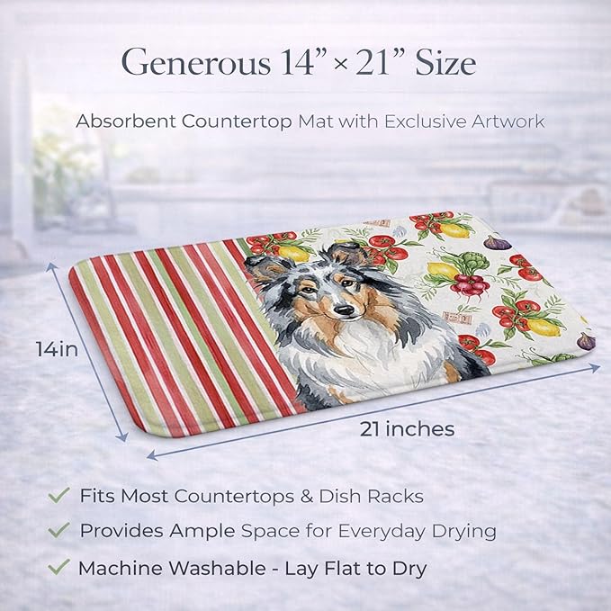 Caroline's Treasures Blue Merle Sheltie Vegetables Dish Drying Mat Absorbent Dish Drying Mat Pad for Kitchen Counter Dish Drainer Mat for Countertop 14 x 21 Multicolor