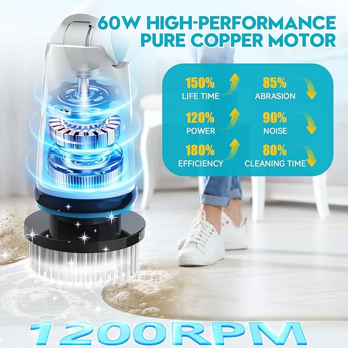 Battery Electric Scrubber for Cleaning Bathroom1200RPM 21V Spin Scrubber Electric Spin Brush for Cleaning 50'' Cordless Power Shower Scrubber W/ 8 Brushes for Grout Tile Tub Floor