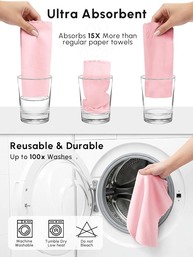 Microfiber Cleaning Cloths Roll 225 Pack Tear Away Microfiber Towels Roll 12 x 12 Lint Free Rags Reusable Cleaning Cloths Washable Scratch FreeUltra Absorbent Dish Rags(Pink)