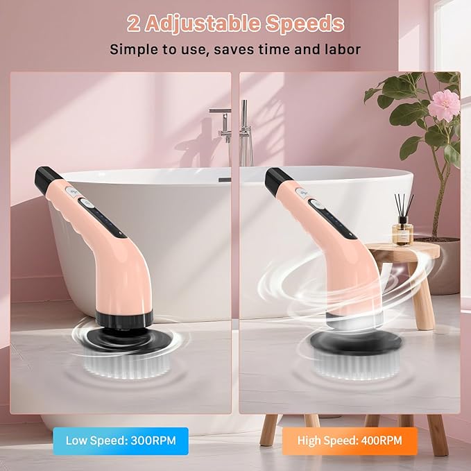 Electric Spin Scrubber Cordless Cleaning Brush Shower Scrubber with 7 Replaceable Brush 2 Speeds and Adjustable Extension Handle for Bathroom Shower Bathtub Glass Car(Pink)