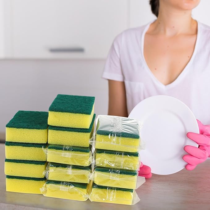 100 Pcs Individually Wrapped Sponges Uncompressed Non Scratch Scrouing Sponges for Household Cleaning Dishes Kitchen Airbnb Apartment Car Bike Green