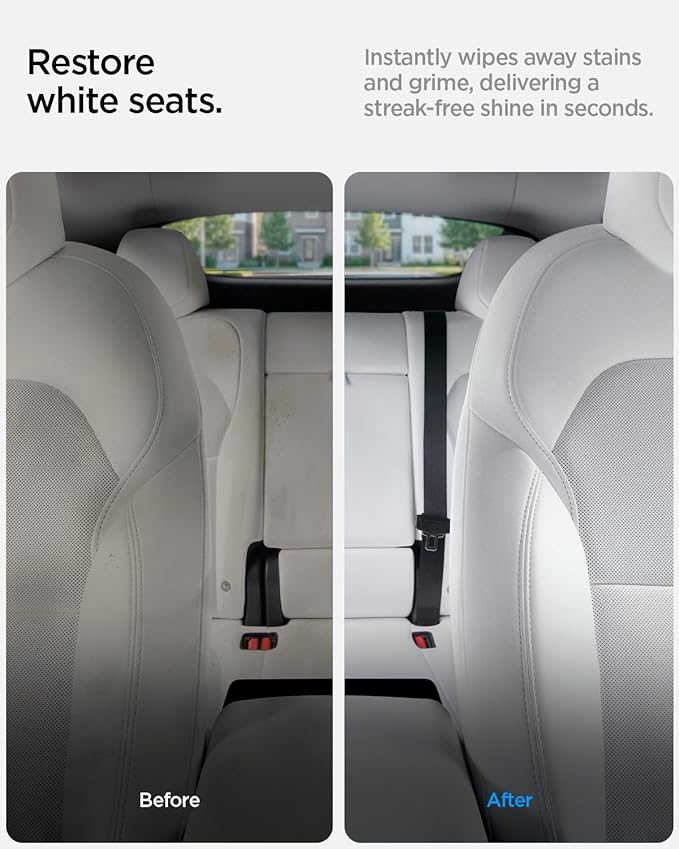Spigen Car Interior Seat Cleaner &amp Stain Remover [Safe &amp Eco-Friendly Solution] Kit with CyberCase &amp Double-Sided Microfiber Towel Accessories for Tesla White/Black Leather Seats Dashboar