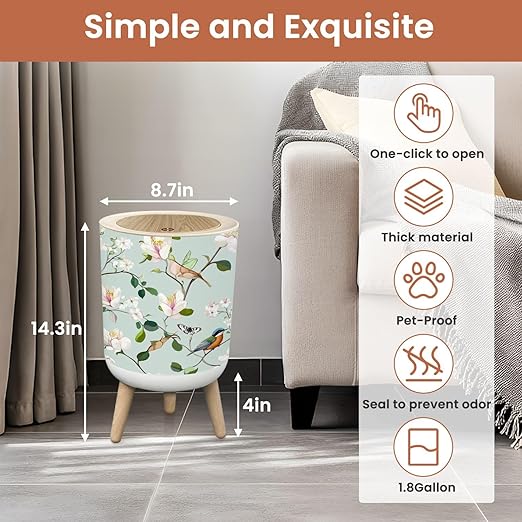Bathroom Trash Can with Lid Magnolia Birds Butterflies Seamless Summer Magnolia Flowers Garbage Bin Waste Basket for Kitchen Office Bedroom Decoration Diaper Pail 1.8 Gallon