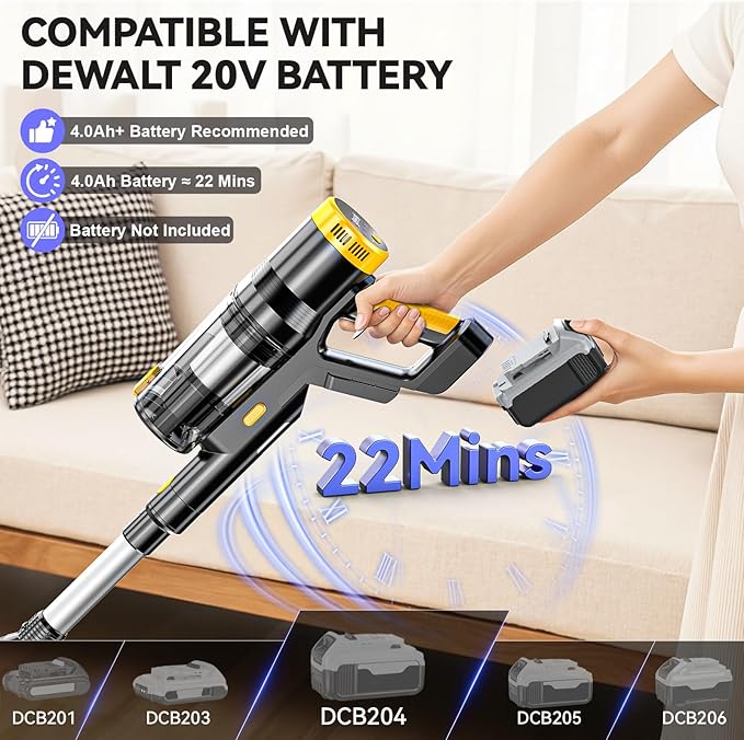 350W 40KPa Cordless Vacuum Cleaner Compatible with DeWalt 20V Battery (No Battery) 6-in-1 Self-Standing Stick Vacuum 3 Models Dual Dust Cup LED Display &amp 180° Bendable Wand
